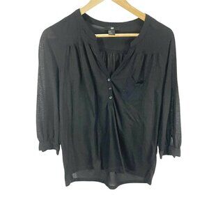 H&M Black Long Sleeved Henley Shirt Sz M Semi Sheer Casual